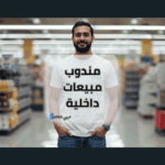مندوب مبيعات داخلية يقف في منتصف سوق مركزي بممر طويل ومحاط بالمنتجات والسلع