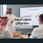 مندوب مبيعات دعاية وإعلان يشرح للعميل عرض تقديمي عن تأثير التسويق الرقمي والتقليدي