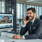 مندوب مبيعات عقارات أمامه شاشة تعرض فيلا وهو يتحدث عبر الهاتف المحمول