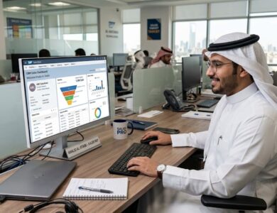 مندوب مبيعات يستخدم برنامج إدارة علاقات العملاء CRM