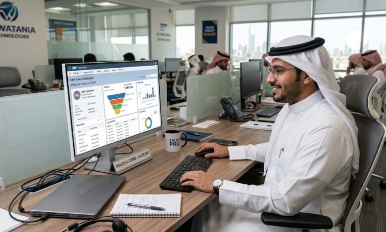 مندوب مبيعات يستخدم برنامج إدارة علاقات العملاء CRM
