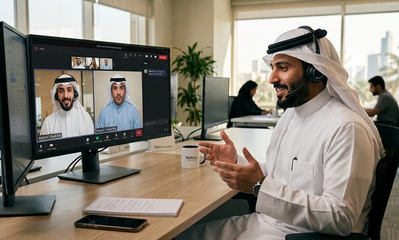 SDR مندوب تطوير مبيعات سعودي يتواصل مع عميل محتمل مؤهل من قِبل التسويق (MQL) كويتي عبر اجتماع افتراضي.