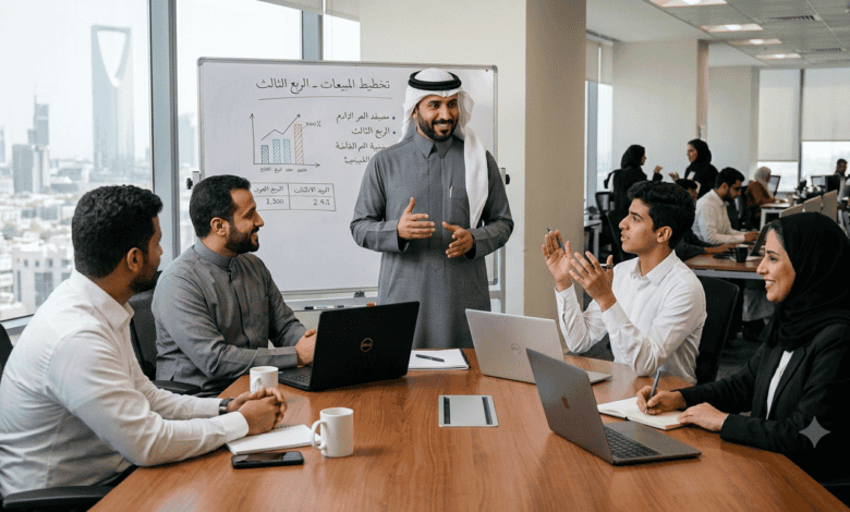 مسؤول مبيعات يشرح لفريق خطة مبيعات جديدة