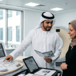 مهندس مبيعات يشرح المواصفات الطبية لجهاز إلى أحد ممثلي العملاء