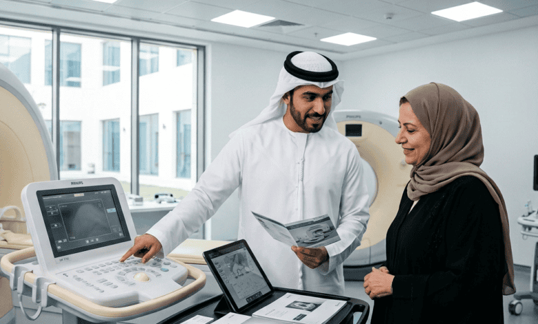 مهندس مبيعات يشرح المواصفات الطبية لجهاز إلى أحد ممثلي العملاء