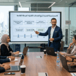 مدير مبيعات بملامح عربية يشرح لفريق المبيعات الاستراتيجية الجديد للمرحلة القادة لبيع خدمات في مجال التقنية