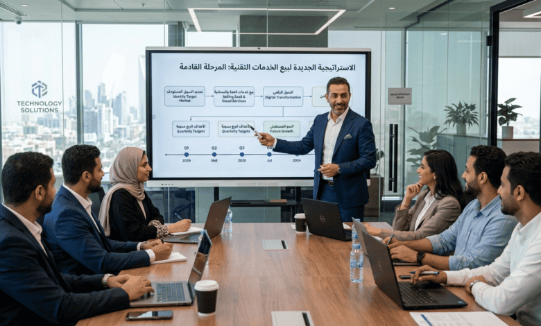 مدير مبيعات بملامح عربية يشرح لفريق المبيعات الاستراتيجية الجديد للمرحلة القادة لبيع خدمات في مجال التقنية