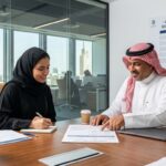 مدير المبيعات مع إحدى المندوبات ويظهر في الحلفية نموذج عمولة مندوب المبيعات